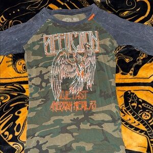Affliction Women’s Camo Raglan Graphic Tee - Green/Black/Orange